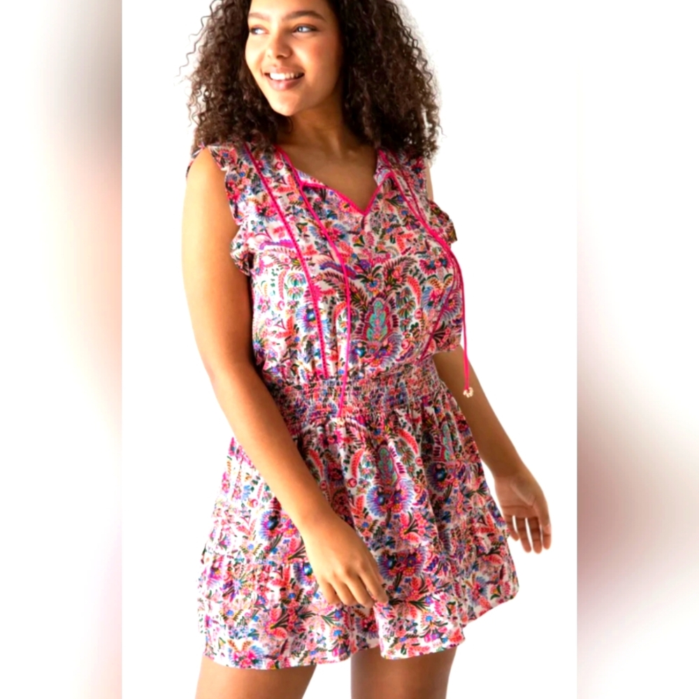 Natural Life Lyla smocked mini dress Pink Palm Dress sz XL NEW